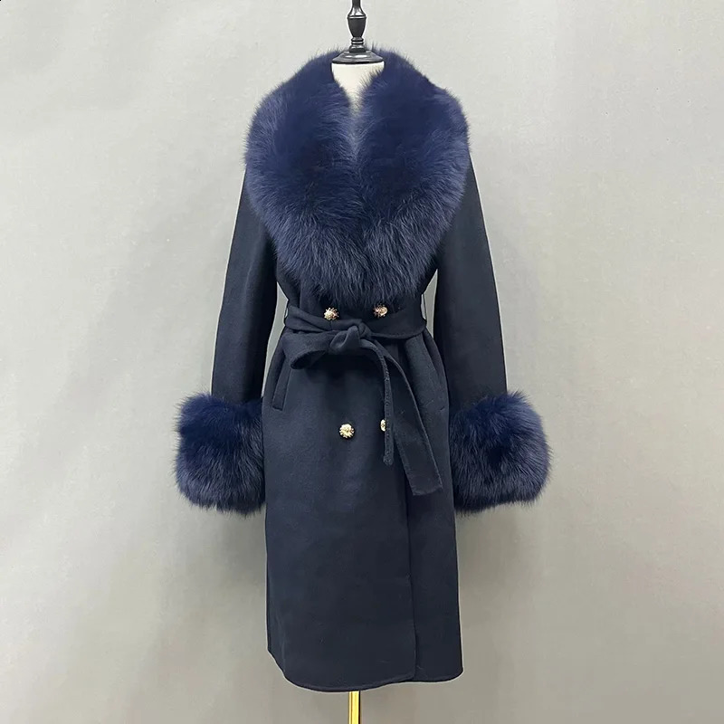 Arrival Lady Winter Wool Coats Fox Fur Collar Cuff Trench Coat Womens Long Outerwear QN3814 240911