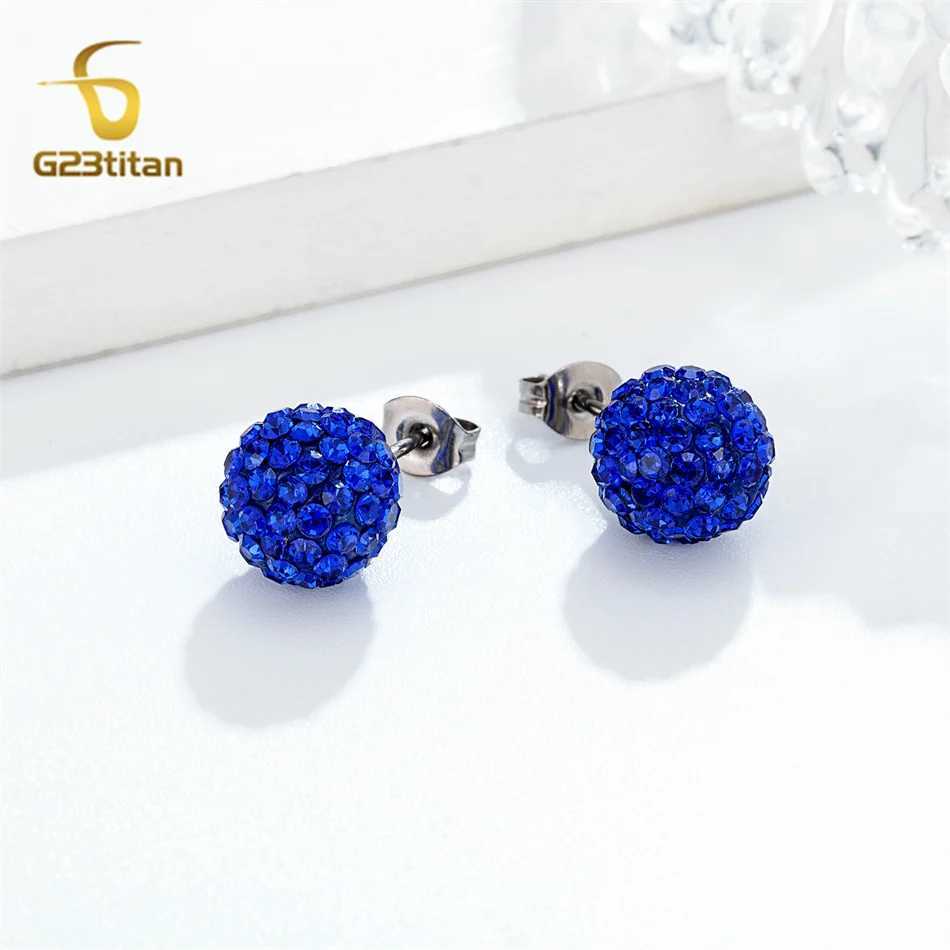 10mm 8mm blue Shambhala bead earrings mens Pave crystal disco clay ball G23 titanium perforated earrings hypoallergenic jewelry W240919