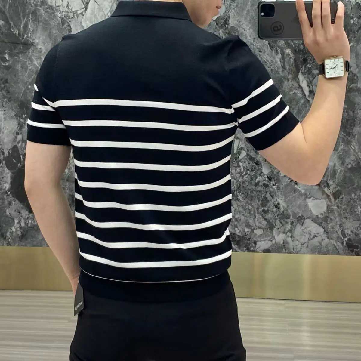 Korean Clothing Smart Casual Splicing Stripe Slim Polo Shirts Summer Men Knitted Streetwear Fashion Short Sleeve Versatile TopsX240920