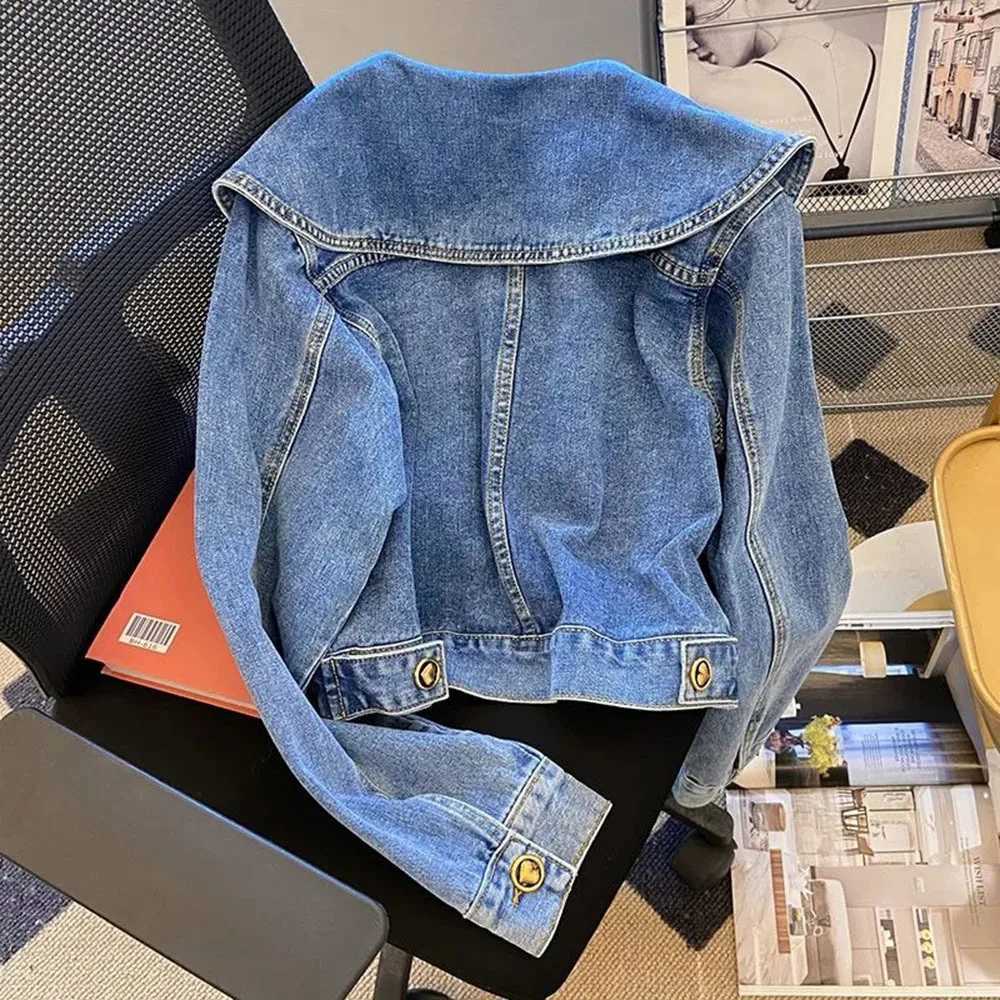 Korean Style Sweet Peter Pan Collar Retro Jean Coat For Women Long Sleeve Outerwear Tops Ladies Short Love Button Denim JacketsX240920