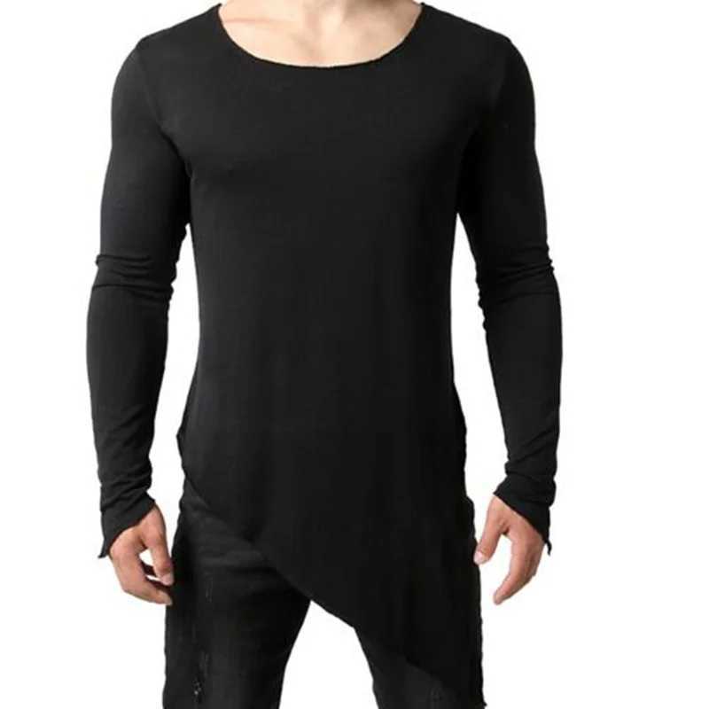 Men asymmetrical design punk hip hop long sleeve t shirt side split long tee shirts mens casual vintage streetwear gothic topsX240919