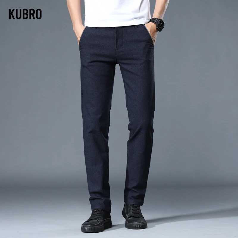 KUBRO mens brushed fabric casual pants business fashion slim fit elastic thick gray blue pure cotton mens pants W240919