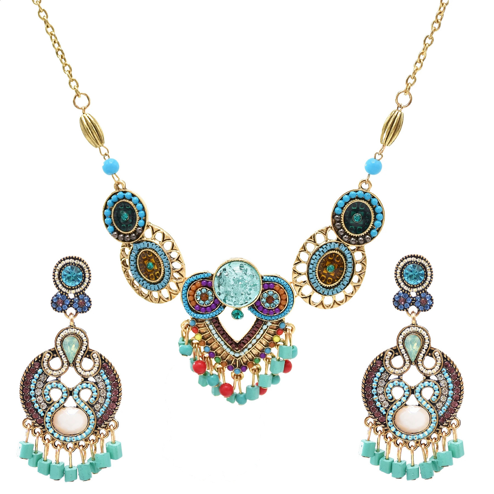 Colorful Crystal Rhinestones Turquoise Beads Tassel Choker Necklace Earrings Vintage Bohemian Ethnic Dress Indian Jewelry Sets 240910