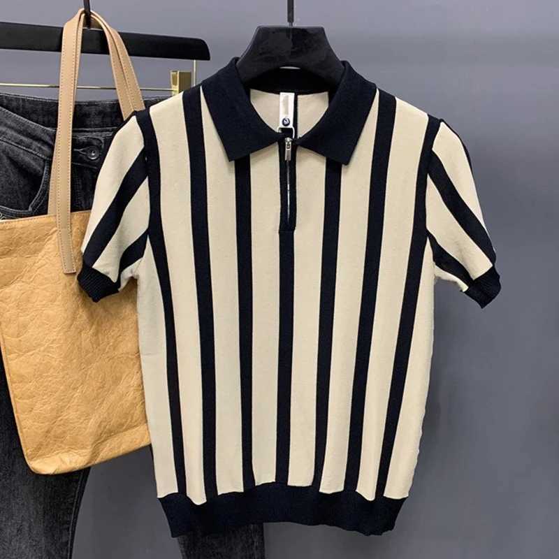 Mens Clothing Light Luxury Knit Striped Zipper Polo Shirt Business Leisure Short Sleeve Korean Popular Retro Knitwear M-3XLX240920