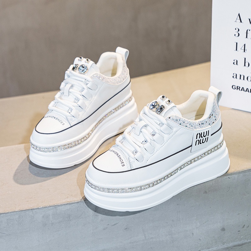 2024 Spring New Women's Shoes with a 7cm increase in inner height, sponge cake thick soled shoes, rhinestones, Instagram fashion trendy white sho
