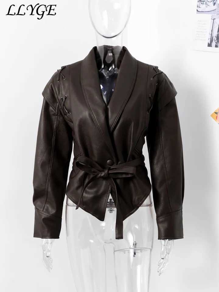 Vintage Womens Leather Jacket With Belt Slim Lace Up Lapel Long Sleeve Locomotive Coat 2024 Autumn Lady High Street Y2k OutwearX240920