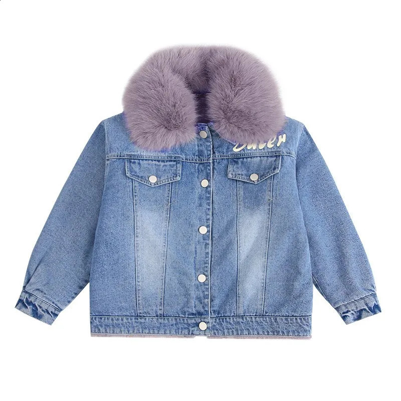 2025 Korean Winter Girl Denim Jacket Cartoon Sequined Bear Plus Velvet Girl Outerwear Coat 314 Years Kids Teenage Girl Parka 251027