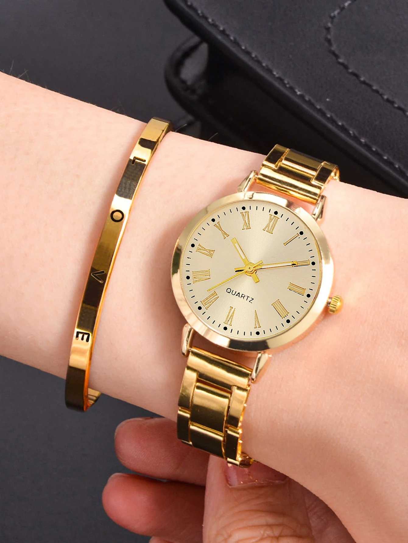 2PCS Casual fashion alloy Roman Ladies Rhinestone quartz watch with bracelet Necklace Ring earrings set the best gift itemX240920