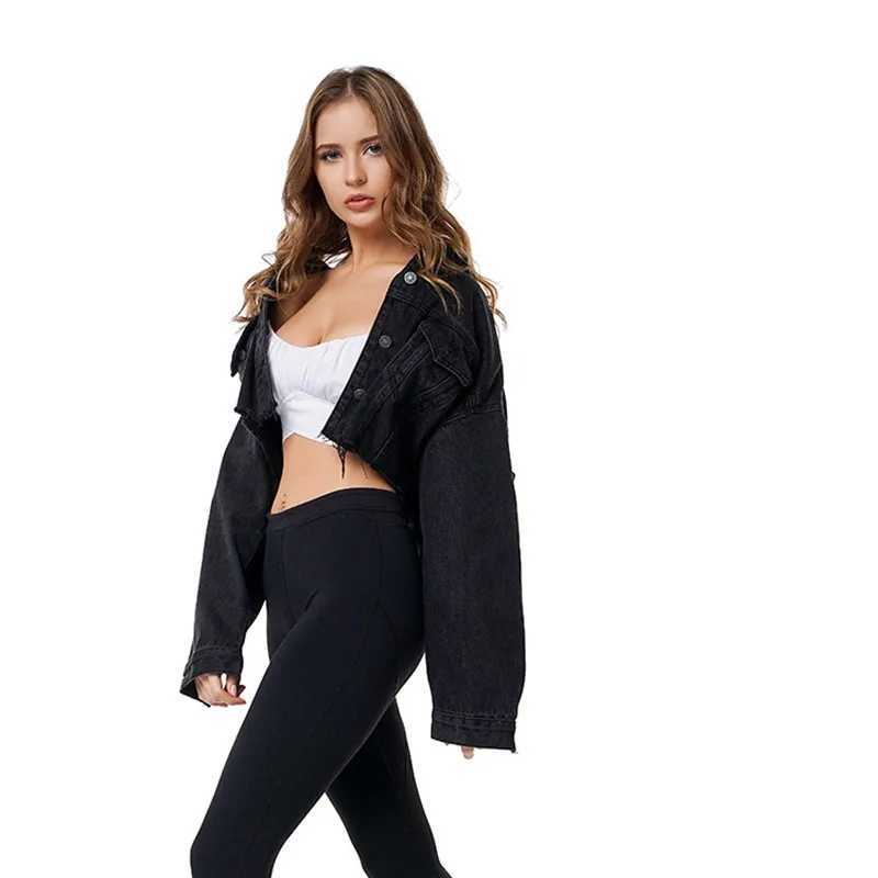 Boyfriend Jean Jacket Women Oversized Crop Denim Jackets Vintage Long Sleeve Short Jacket Casual Loose Coat Black Bomber JacketX240920