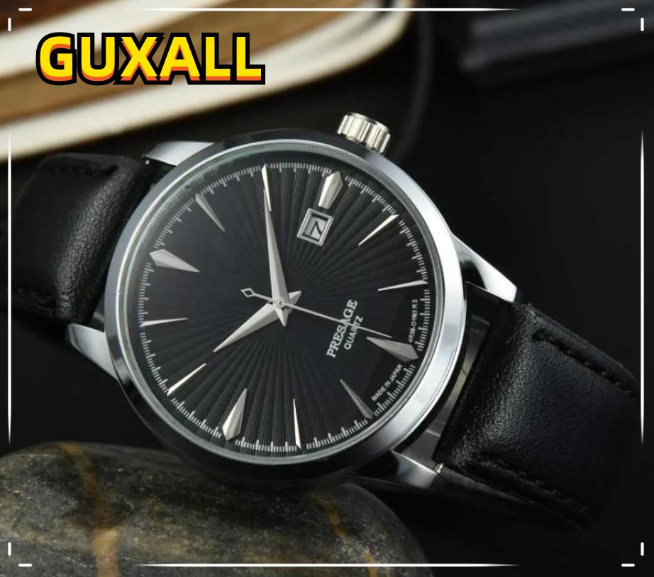 Lowest Price Selling Automatic Date Men Watches Luxury Fashion Mens Leather Band Quartz Movement Clock Black White Brown Blue Green Color Dial Leisure Wristwatch