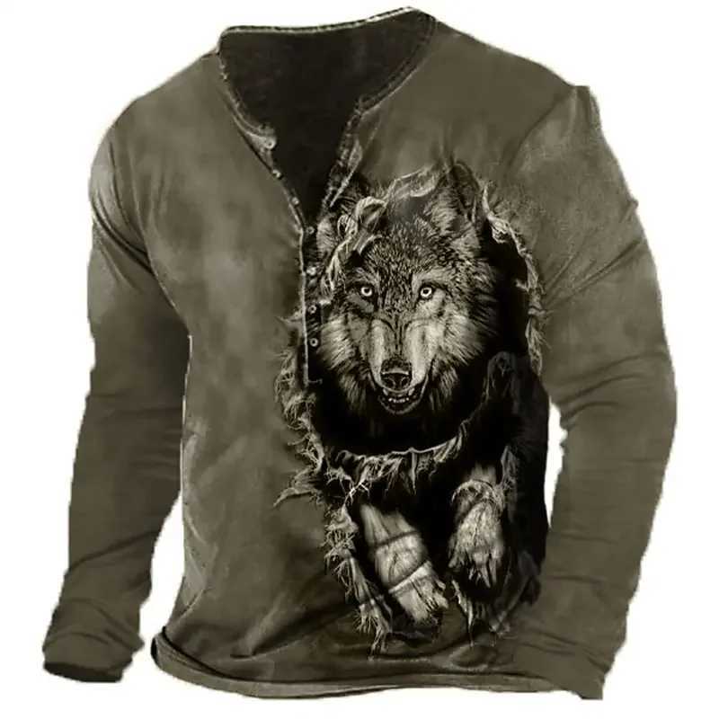 Vintage T-Shirt For Men Graphic T Shirts Wolf Cotton Mens 3D Printed Henley Shirt Long Sleeve Oversized Tee Male Clothing TopsX240919