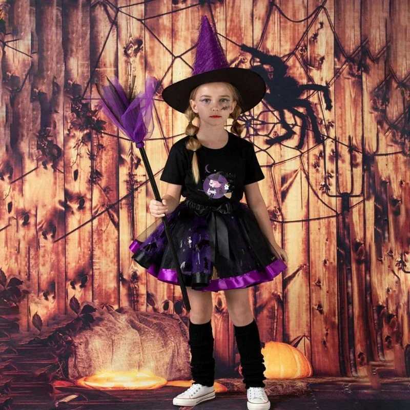 Kids Girls Halloween Witch Costume Set Girls Tutu Skirt With Hat Broom Cosplay Elf Witch Party Dress Up Halloween Clothes Gift Y240919