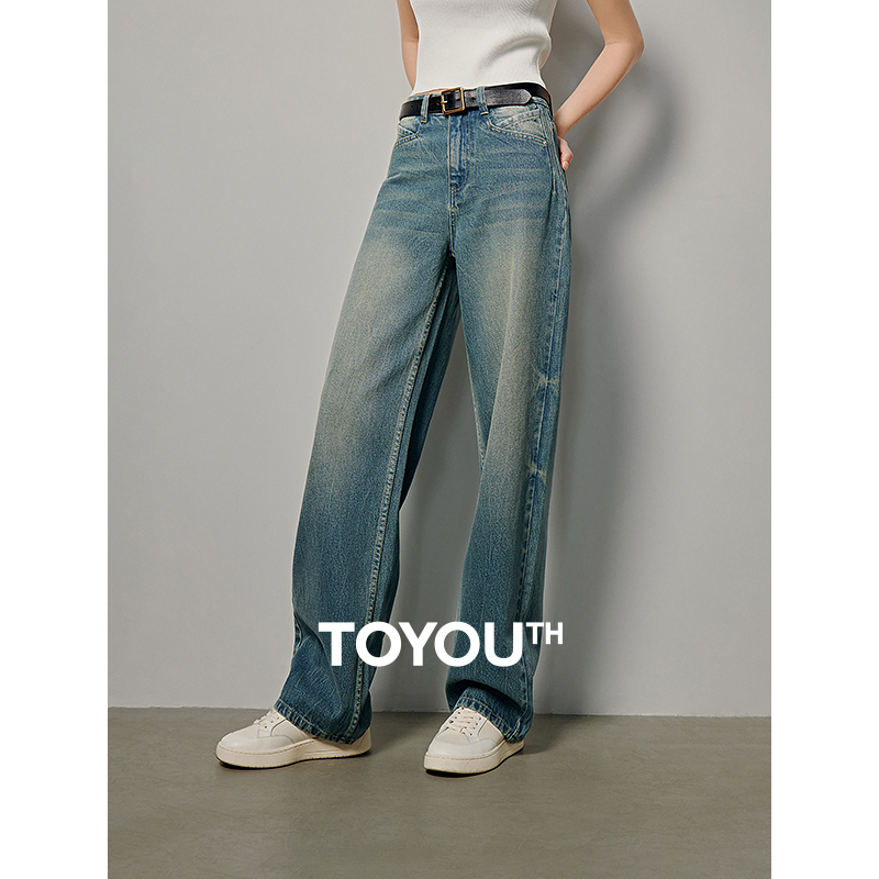 2026 TOYOUTH High Waist Denim Trousers Female Loose Straight Jeans Women Streetwear Casual Long Pants