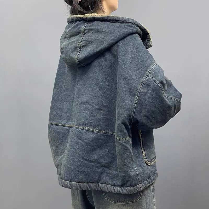 2024 Winter Fashion Casual Denim Jacket Women Warm Vintage Ladies Hooded Thick Granular fleece jeans Coat Loose Outerwear R572X240920