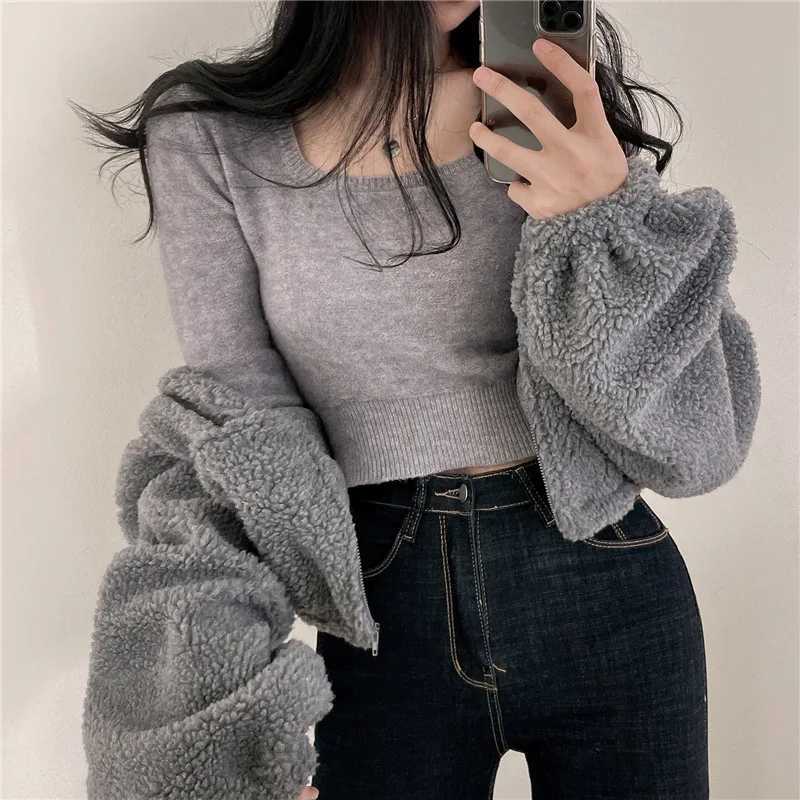 YTJHRG Winter Fashion Womens Coat Casual Cardigan Faux Fur Lamb Wool Zipper Ladies Jacket Long Sleeve 2024 New Female ClothingX240920