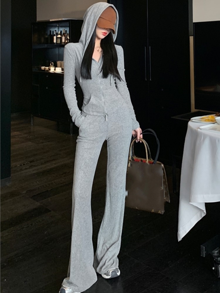 Y2k High Street Two Piece Set Tracuit Women Hooded Zipper Jacket + Drawstring Wide Leg Pants Korean Fashion Solid Slim Outfits