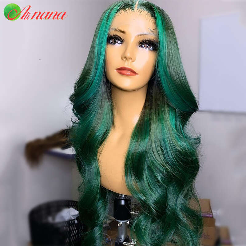 Olive Green Color Body Wave Transparent Brazilian Human Hair Pre-Plucked 13x4 Lace Frontal Wig Remy Highlights Wigs