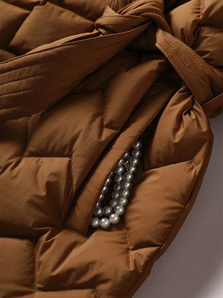 Winter New Lightweight Jacket With Women Elegant Tie Belt Long Cotton White Duck Down Parka Female Ladies Jackets Down Jacket