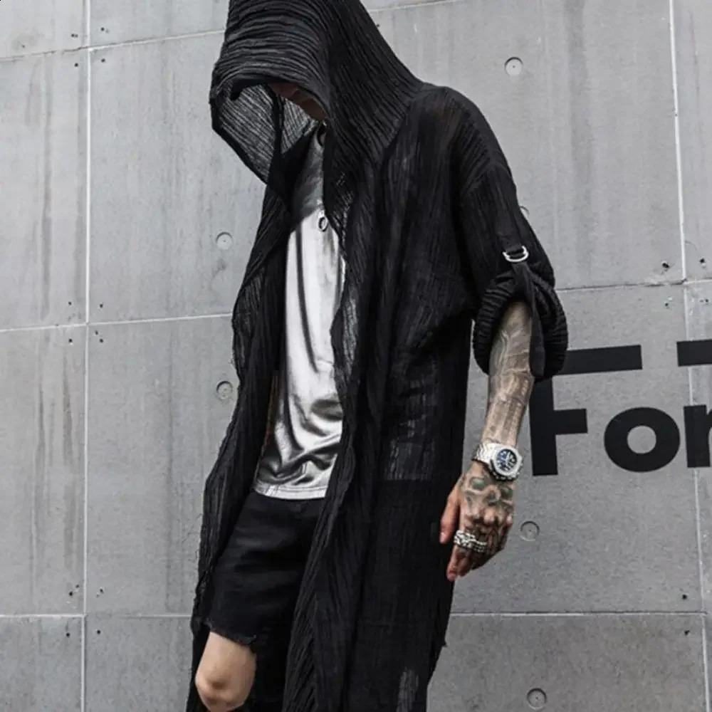 Nightclub DJ hoodie punk rock hiphop long shirt black mens oversized gothic retro streetwear 240911