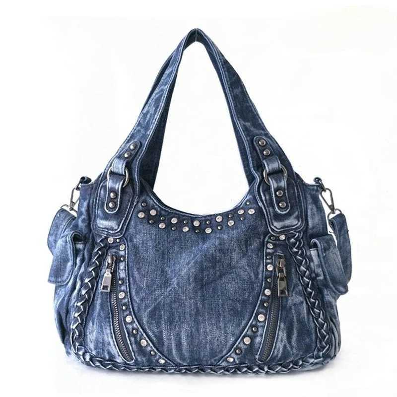 CMM New in Fashion Denim Women Shoulder Bag Jeans Weave Rivet Tote Purses and Handbags Hobo 240920