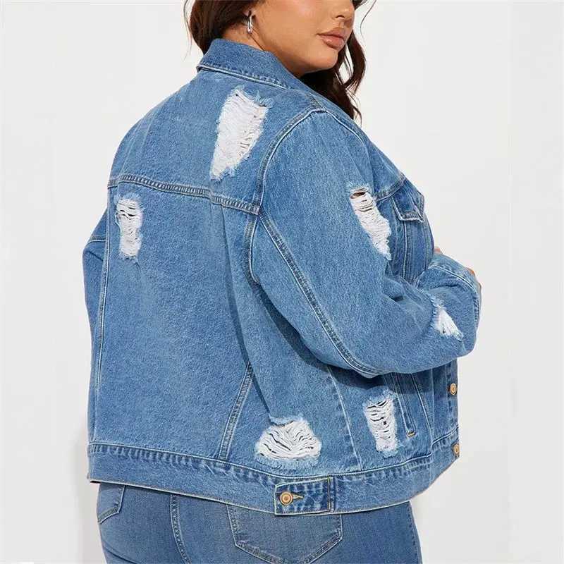 Women Fashion Broken Holes Denim Jacket Casual Vintage Single-breasted Cardigan Coat Autumn Winter Daily Casual Female OuterwearX240920