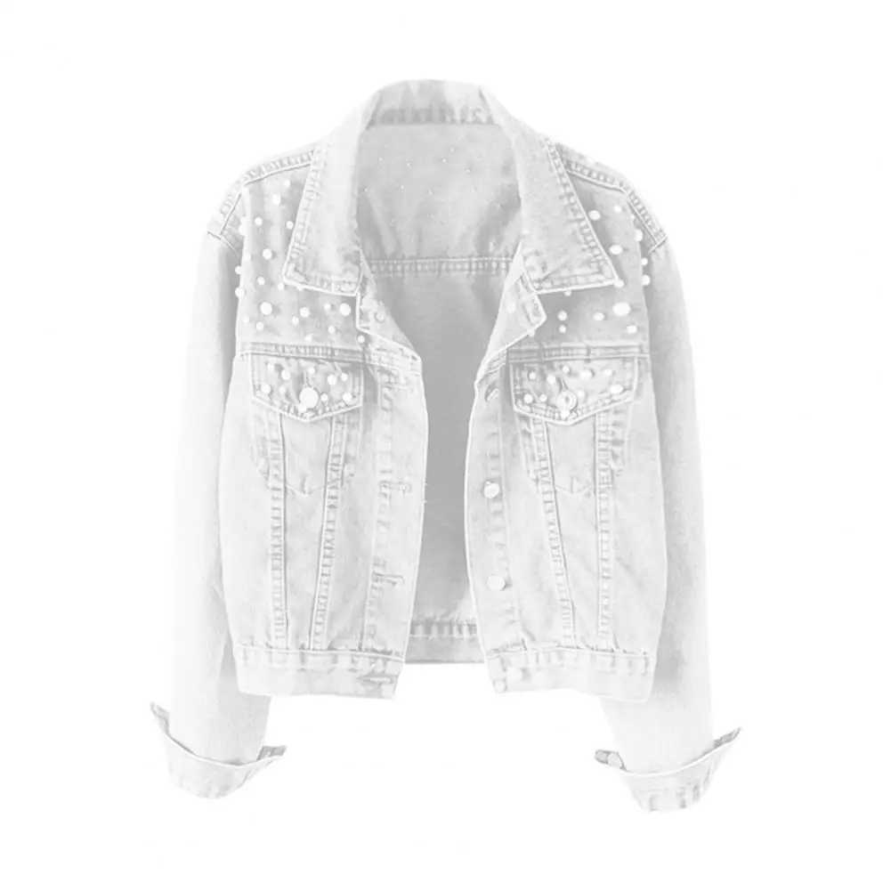 Denim Jacket Solid Single Breasted Cropped Thermal Beaded Long Sleeve Cardigan Faux Pearl Fall CoatX240920