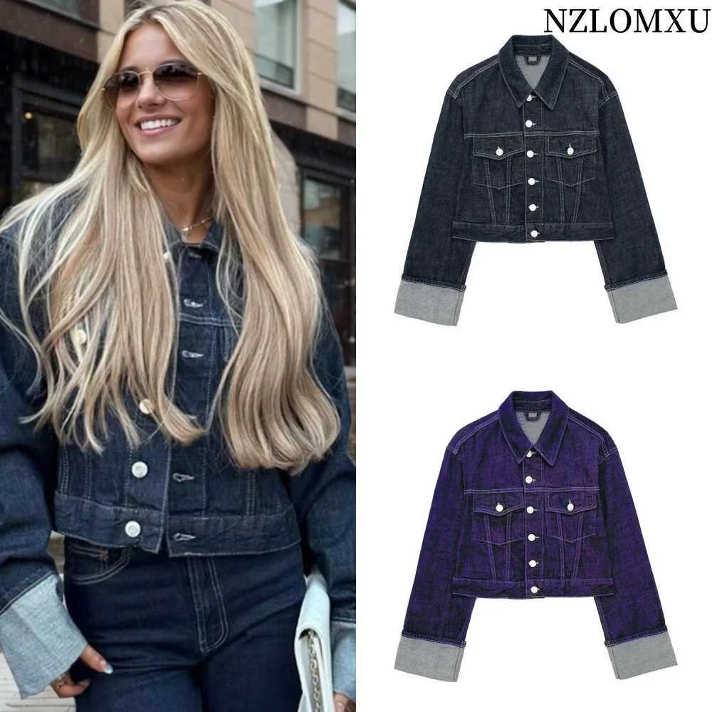 Women Fashion With Pockets Denim Blue Single Breasted Jackets Vintage Lapel Neck Long Sleeves Female Chic Lady OutfitsX240920