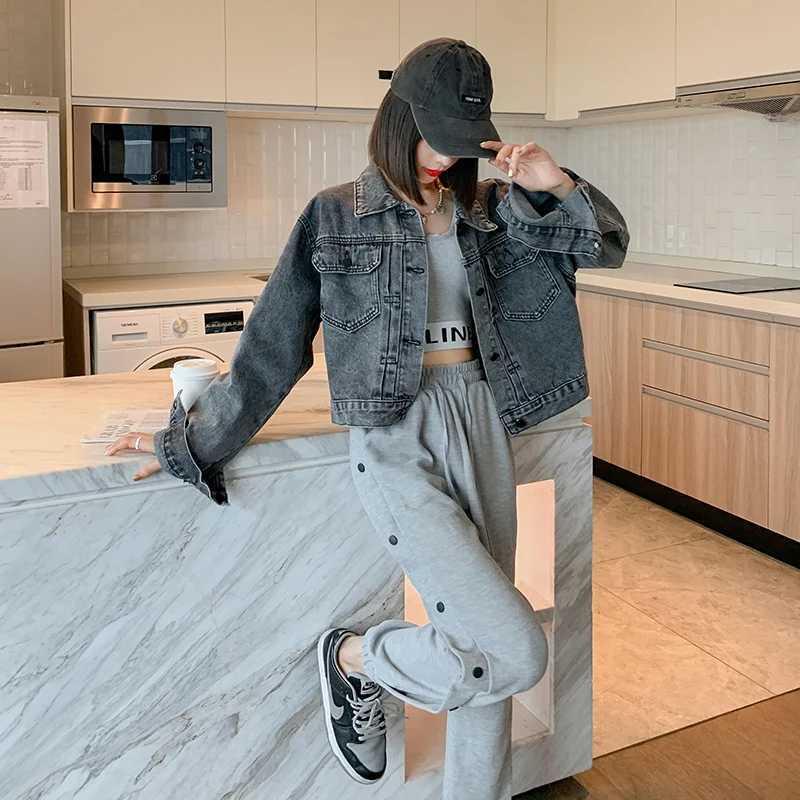 Vintage Washed Smoke Gray Short Jeans Jacket Women Lapel Single-breasted Casual Denim Cropped Outwear Autumn Clothes Female NewX240920