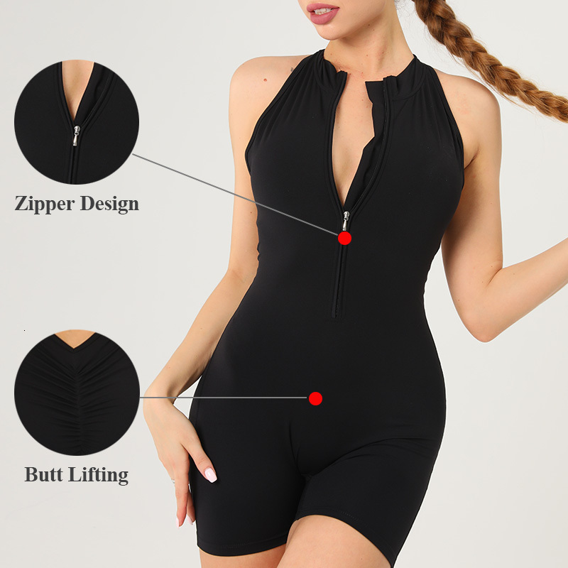 Scrunch Gym Jumpsuit Women's Fiess Suit Short Sets Sports Overalls For Woman Tracuit Yoga Clothing Zipper Workout Sportswear