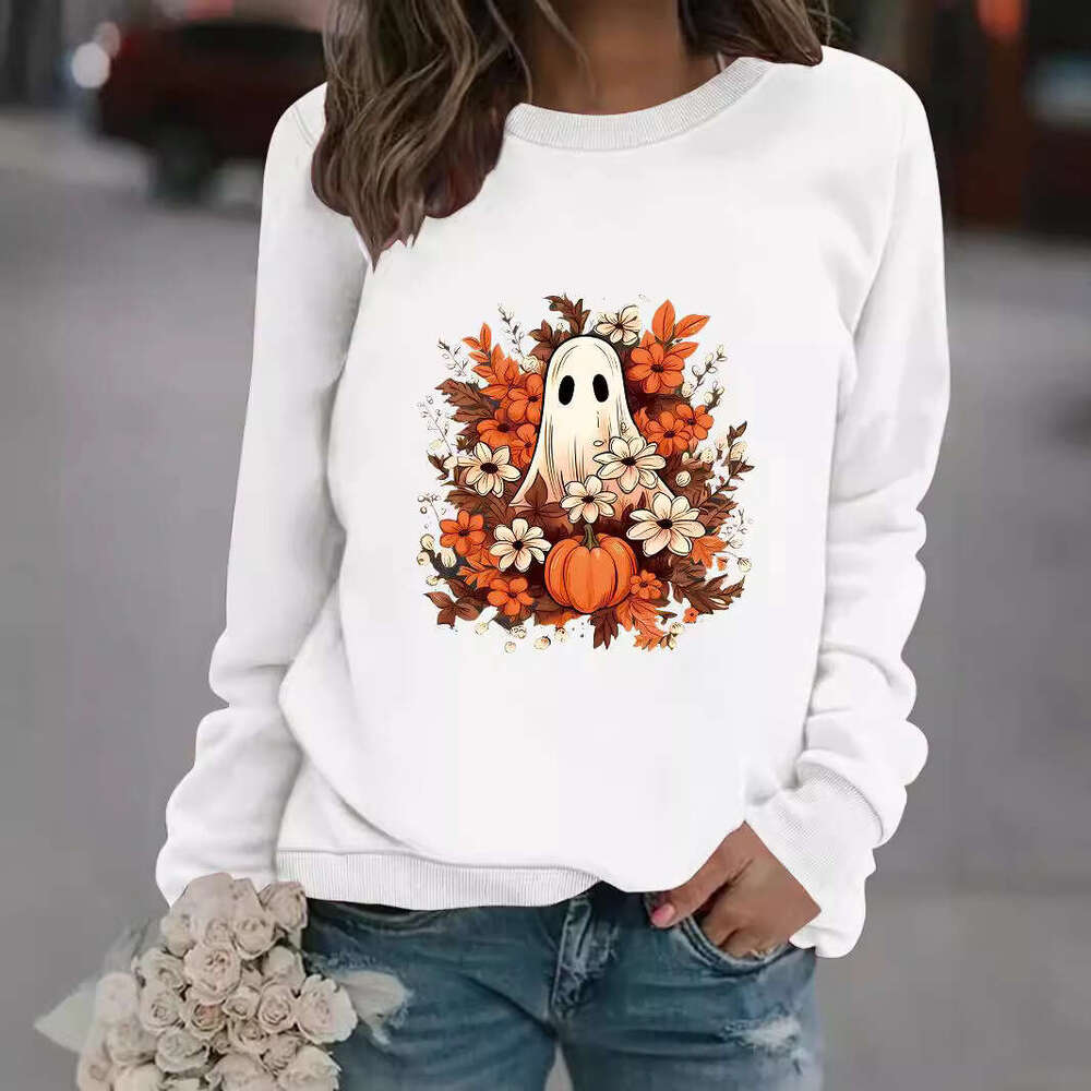 Hallowmas Autumn Winter Womens Casual Long Sleeved Round Neck Ghost and Floral Print Pullover Sweatshirt Womens Jacket Coats Designer Women Autumn Dre
