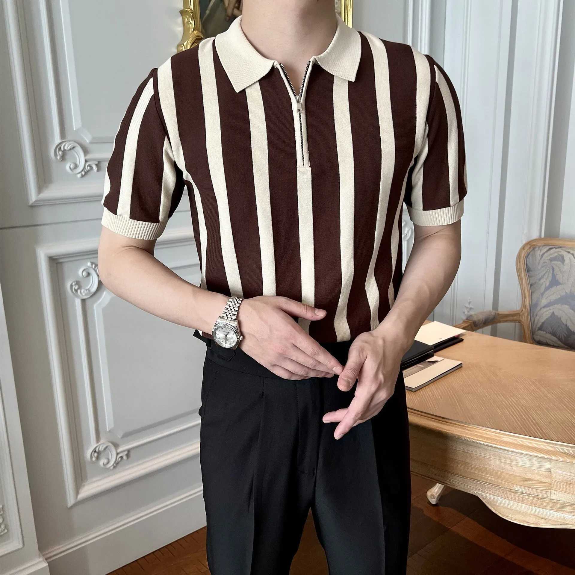 Mens Clothing Leisure Light Luxury Knitted Polo Shirt Korean Striped Zipper Short Sleeve Retro Breathable Fashion Knitwear TeesX240920