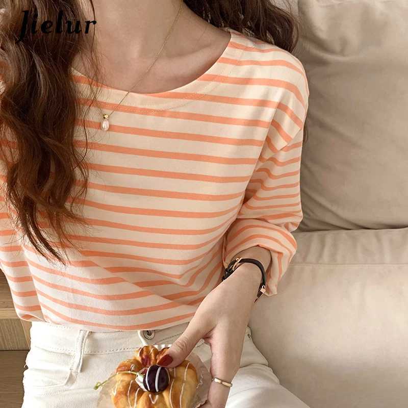 Jielur Korean Fashion Striped T-shirt Autumn Long Sleeve Womens Top Loose Casual Cotton T-shirt Female Blue Orange S-XL M240920