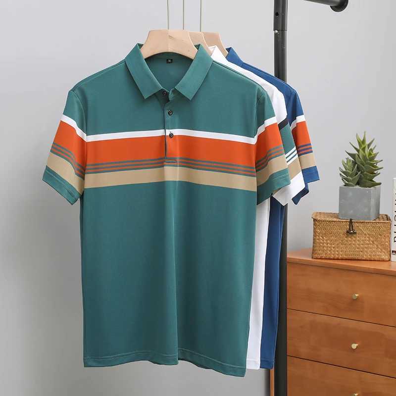 Luxury high-end ice silk breathable short-sleeved POLO shirt Mens 2023 summer fashion contrast stripe lapel T-shirt casual menX240920