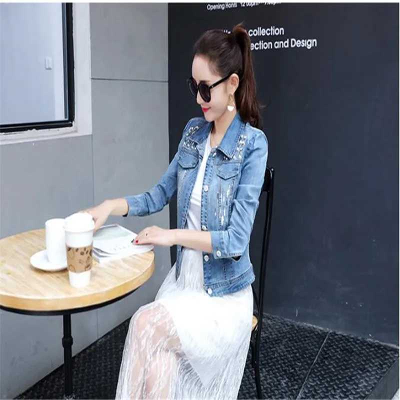 New 2023 Summer Autumn Denim Jacket Women Three Quarter Slim Cotton Light Washed Short Jeans Jacket CoatsX240920