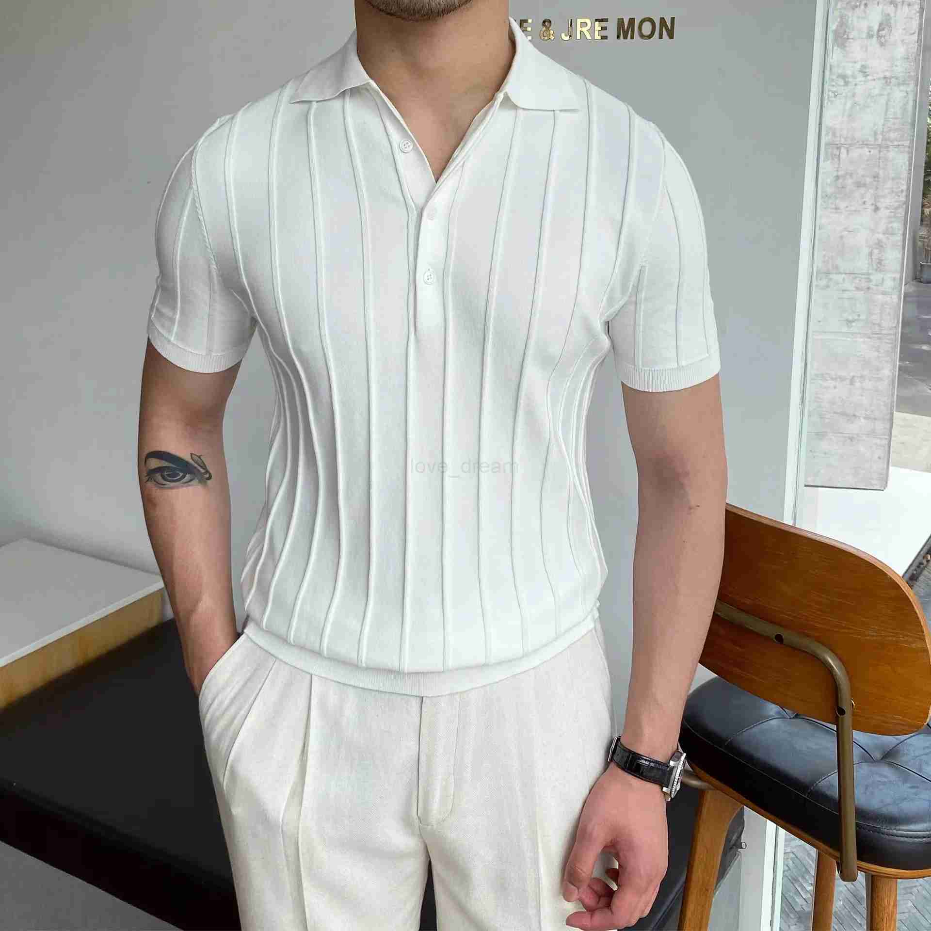 Spring Summer New Mens Knitted Polo Shirt Striped Casual Slim Tees Men Lapel Business Pullover Polo Short Sleeve Tops ClothingXJ240920