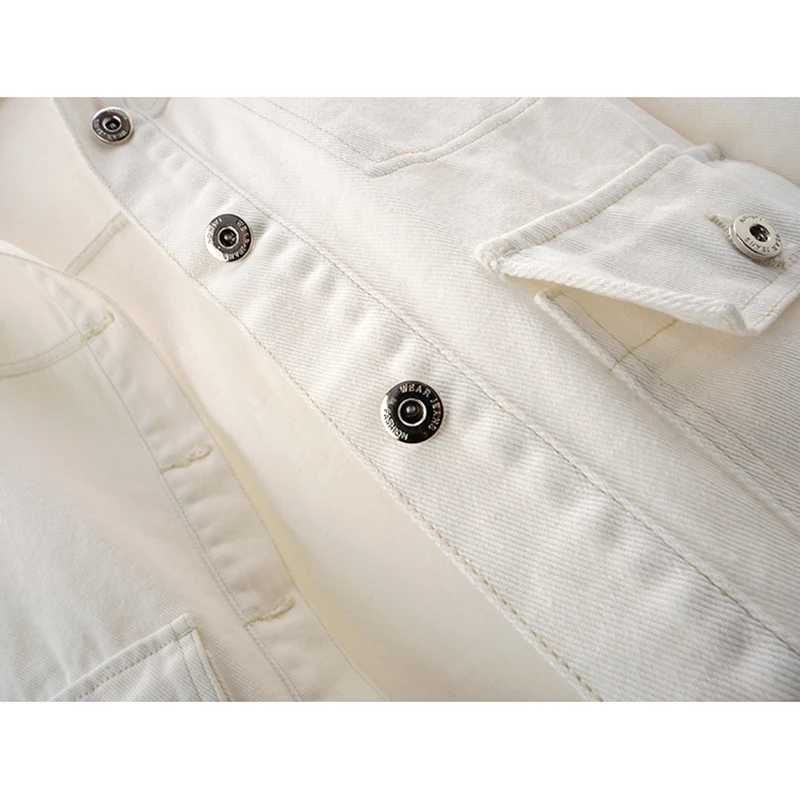 Fashion Beige Print Big Pocket Denim Jacket Women Loose Short Cowboy Outerwear Chaquetas Mujer Long Sleeve Jeans Jacket FemaleX240920