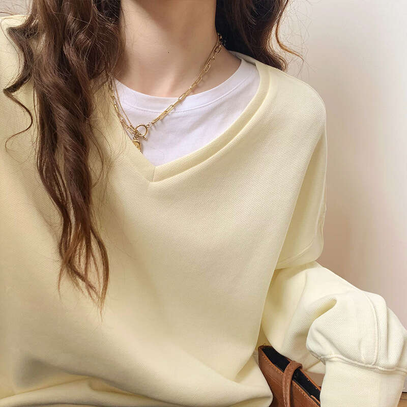 Hallowmas Oversize Hoodie for Women in Spring Autumn Thin Style 2024 New Item V-neck Loose and Lazy Style Solid Color Long Sleeved Pullover Top Autumn