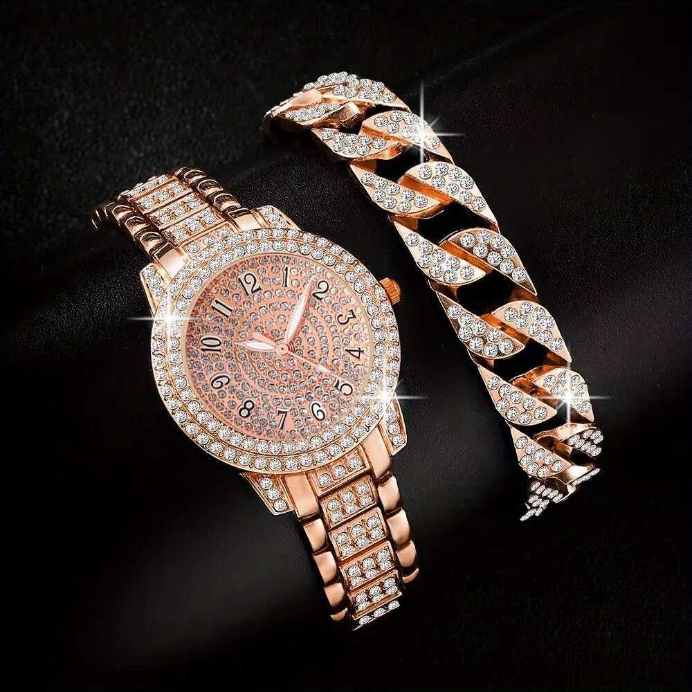 2pcs/set Womens Watch Luxury Golden Rhinestone Quartz Watch Hiphop Fashion Analog Wrist Watch Bracelet Gift For Mom HerX240920