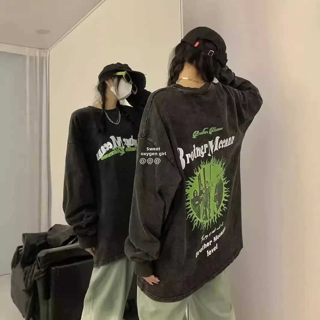 American Style Vintage Long Sleeve T-shirt For Men Trendy Brand Hip Hop Loose Fit Thick Sweatshirt Autumn New ArrivalX240919