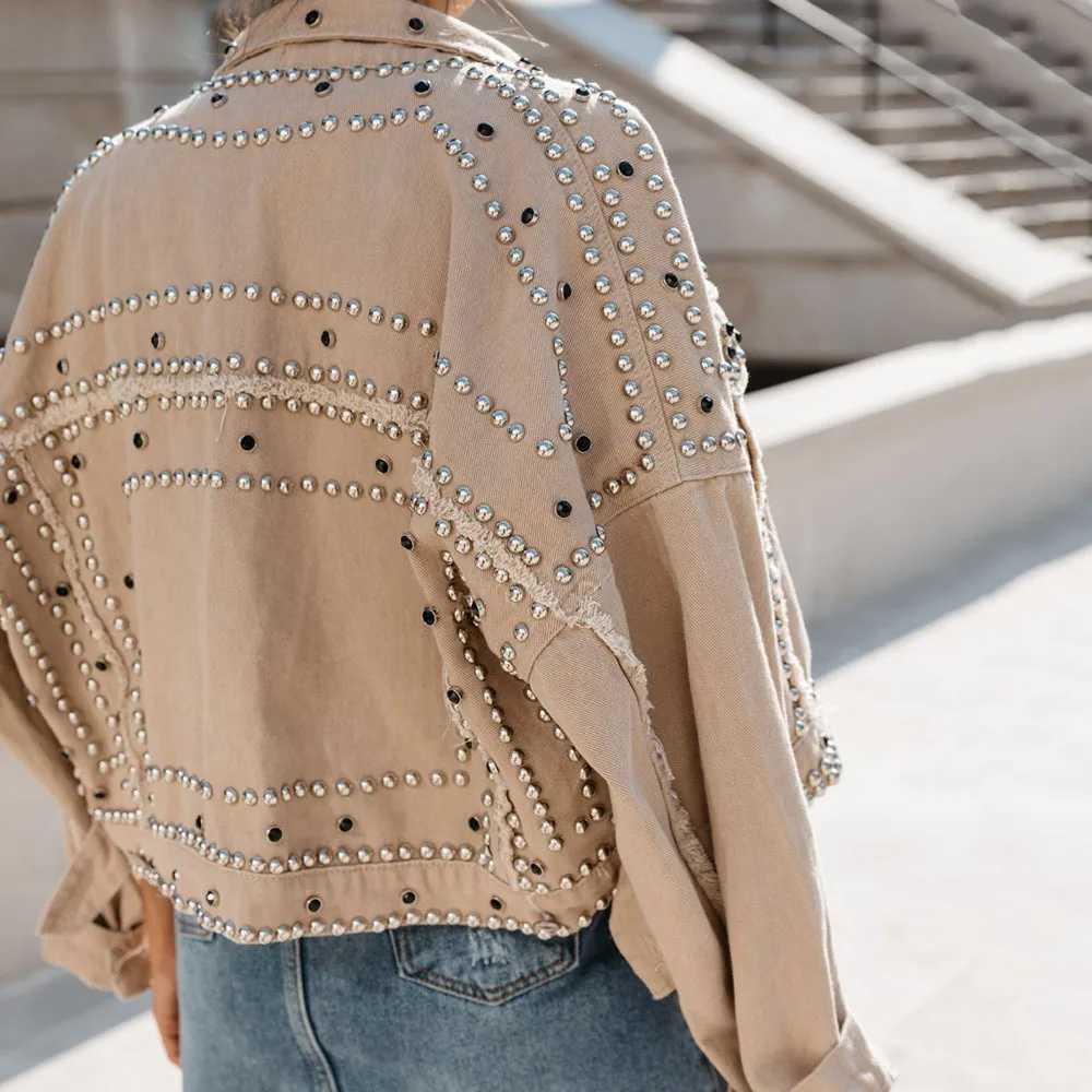 Womens collar washed denim jacket single chest retro full sleeve rivet motorcycle streetwear Gothic jacket spring W240920