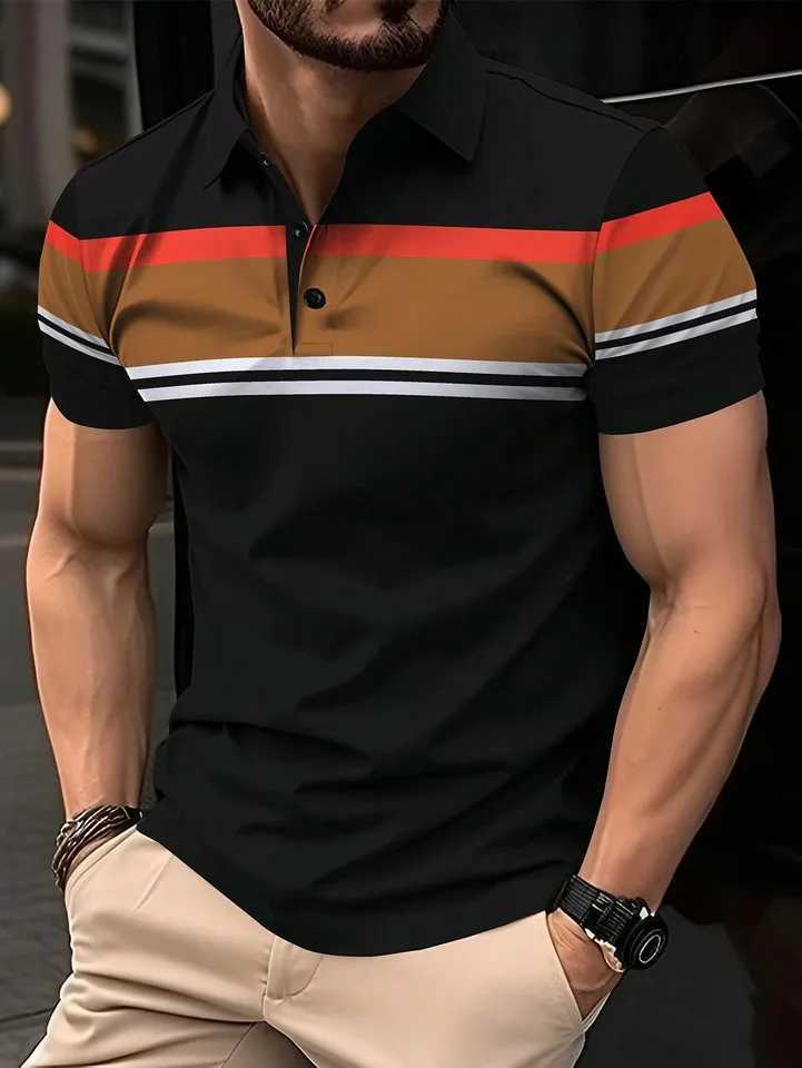 New Summer Mens Polo Shirt Button Collar Short Sleeve Pullover Casual Sports Solid Color Striped Lapel Trend Mens T ShirtX240920