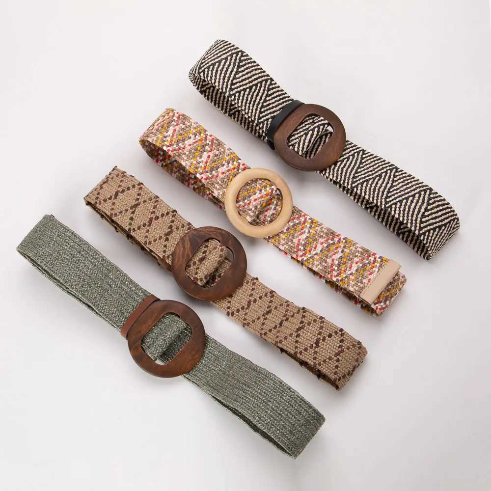 Wooden buckle jade buckle womens dress with casual womens woven broadband womens designer womens elastic PP grass strap W240920