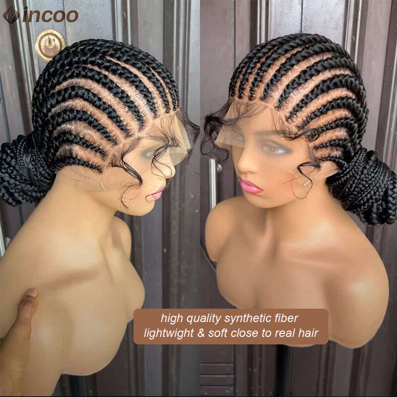 Incoo 36'' Synthetic Twist Braids Front Wig With Baby Full Lace Frontal Cornrow Afro Black Dutch Braided Wigs