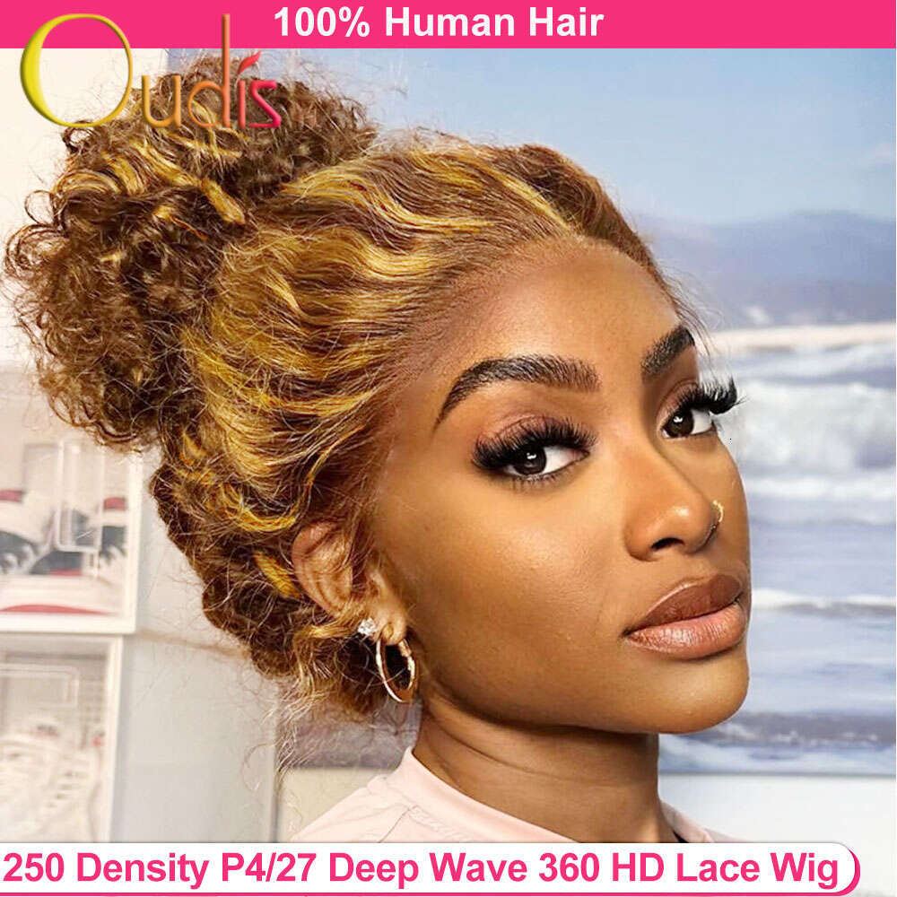 250 Density Highlight P4/27 Blonde 360 Full Hd Lace Front Pre Plucked 30 Inch Glueless Deep Wave Frontal Wig Synthetic Hunam Hair