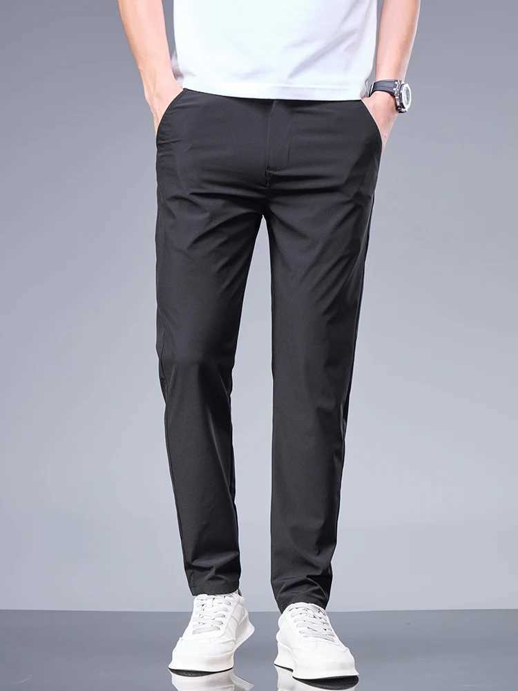 Summer New Business Ice Silk Pants Straight Elastic Waist Black Grey Trouser Breathable Simple Mens Clothing Casual Set Pants W240919
