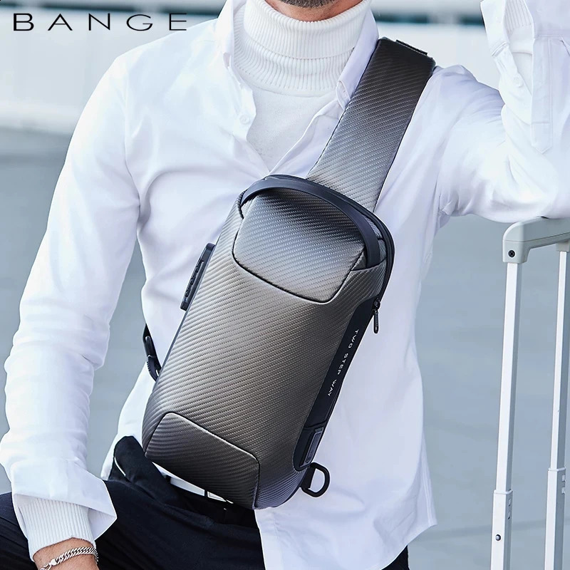 Bange Upgraded Mens Waterproof Multi functional Carbon Fiber Pattern Cross body Bag USB Strap Shoulder Messenger Luggage 240919