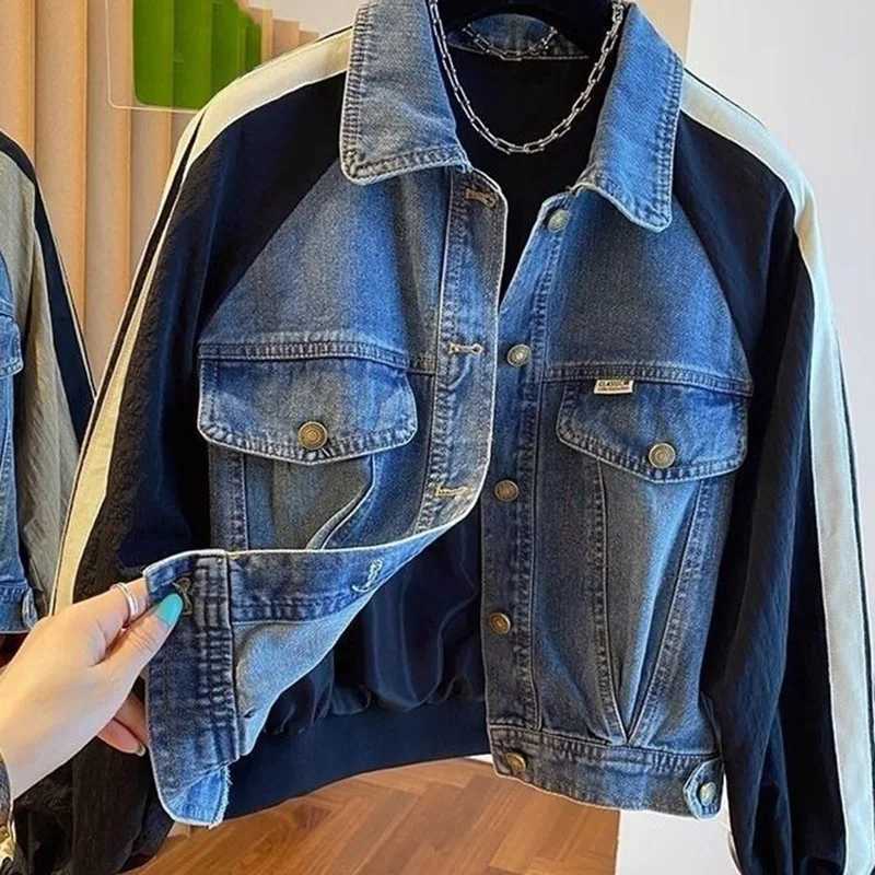 2024 Spring Autumn Short Baseball Jacket Loose Fitting Cowboy Women Outerwear European Fashion Splicing Together Denim Lady CoatX240920