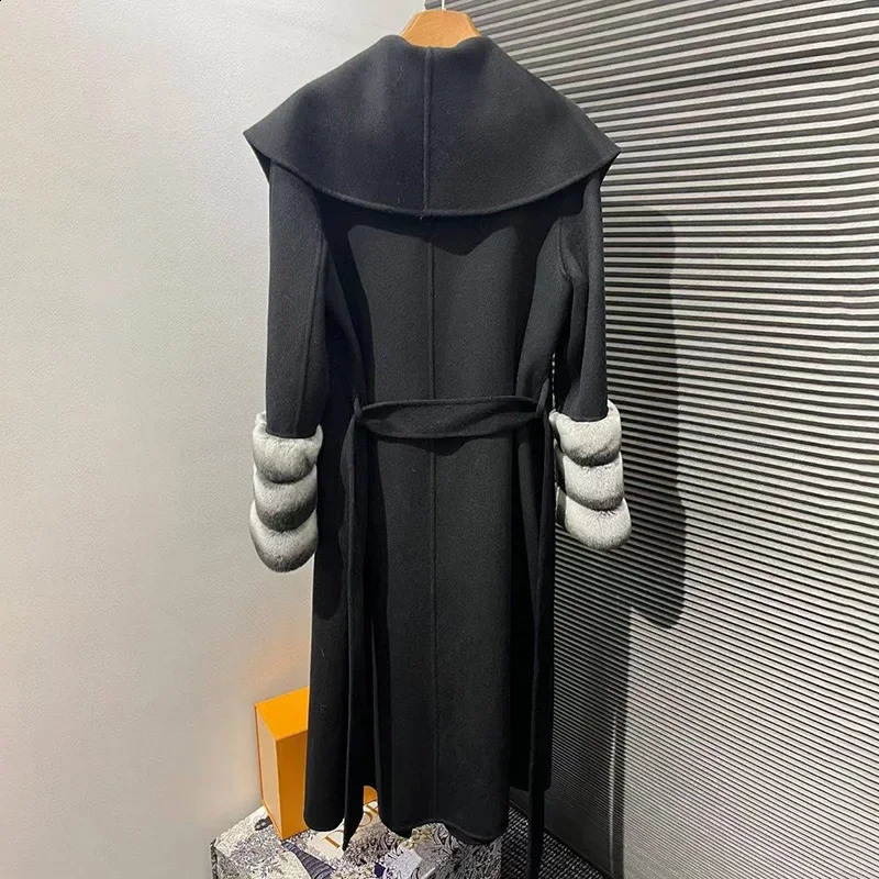 Womens Wool Coat Womens Rex Rabbit Fur Collar Oversized Trench Winter Chinchilla Colored Cashmere