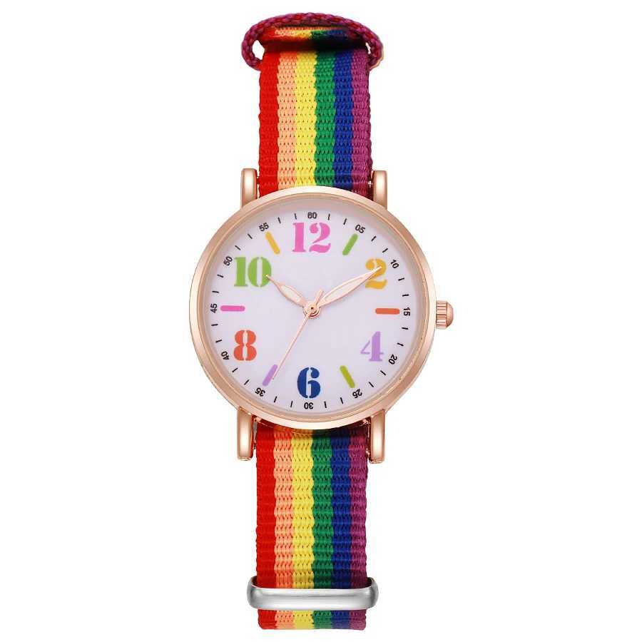 Fashion popular new girls quartz watch rainbow color canvas strap womens watch wholesaleX240920