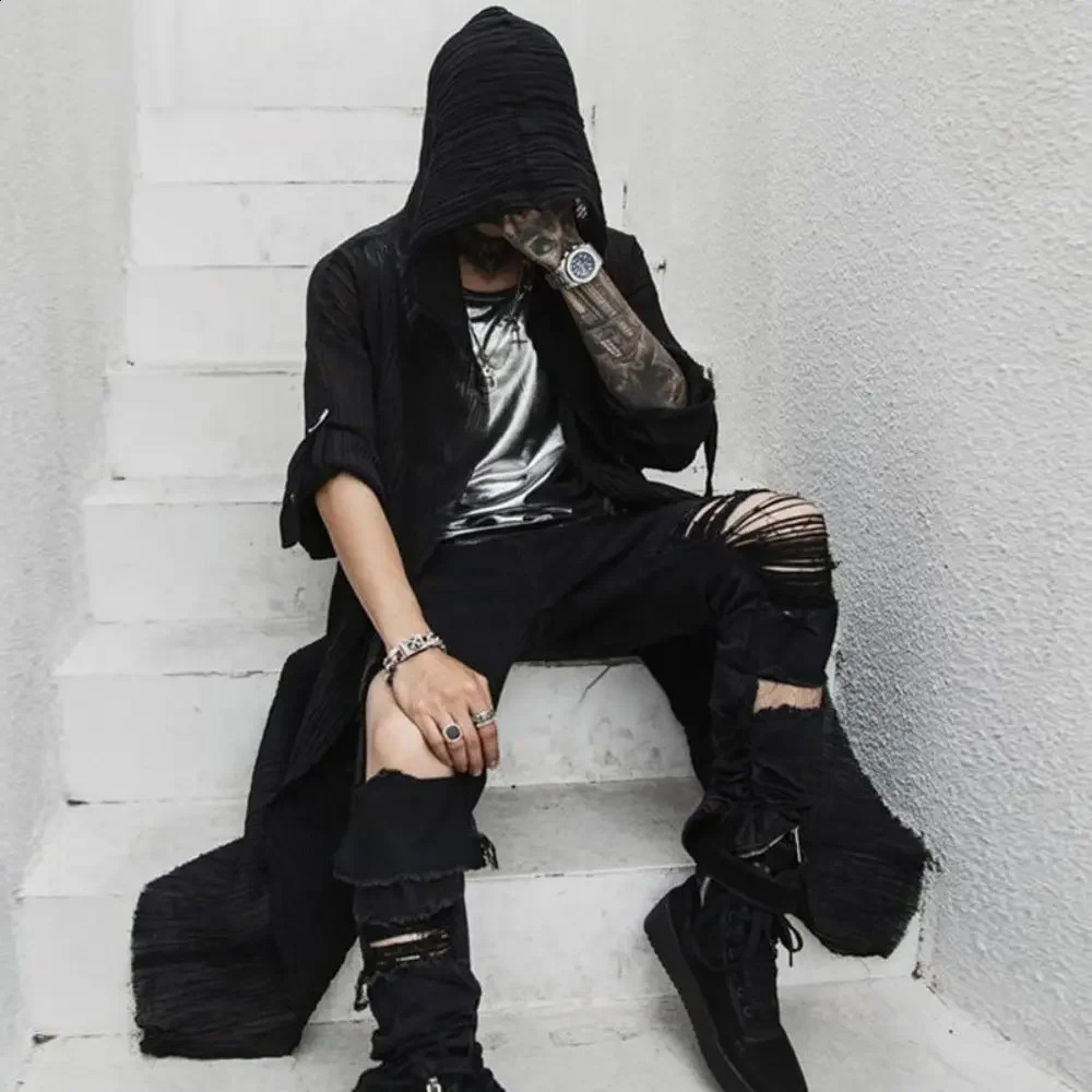 Nightclub DJ hoodie punk rock hiphop long shirt black mens oversized gothic retro streetwear 240911